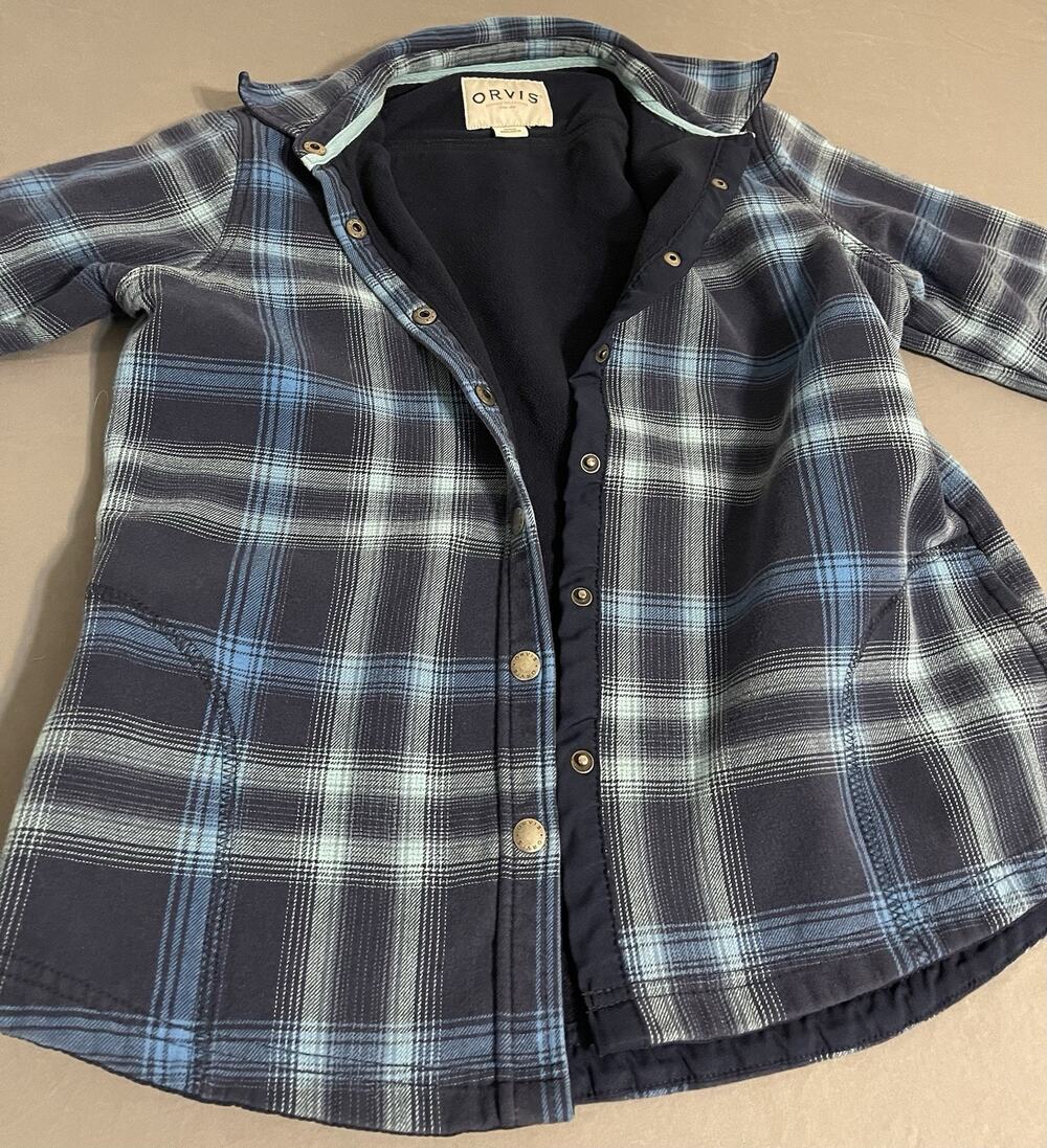 Orvis Blue Plaid Flannel Shirt Jacket Lined Hand Pockets Men’s Medium Shacket